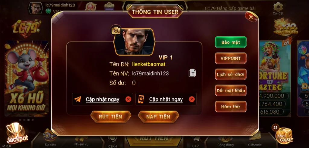 Giao diện bảo mật LC79 với tính năng liên kết OTP và Telegram xác minh tài khoản