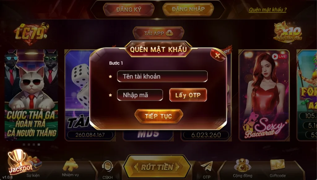 Giao diện khôi phục mật khẩu game LC79 với các bước xác minh qua OTP và đặt lại mật khẩu