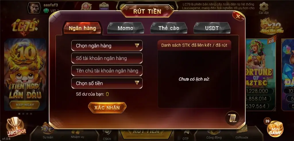 Giao diện rút tiền LC79 qua tài khoản ngân hàng nội địa