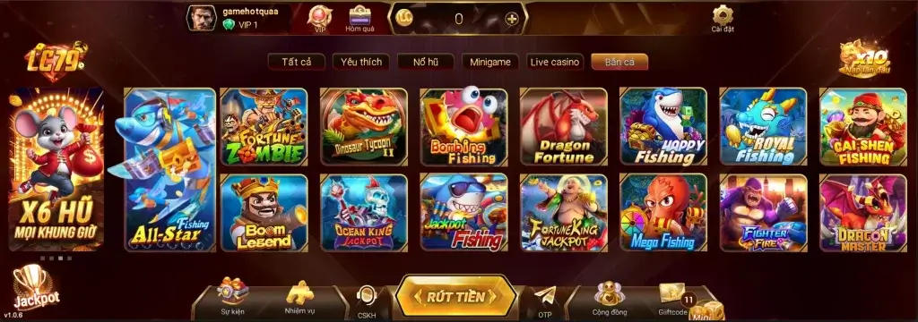 Giao diện các trò chơi bắn cá đổi thưởng tại LC79 với đồ họa 3D sắc nét và sinh động