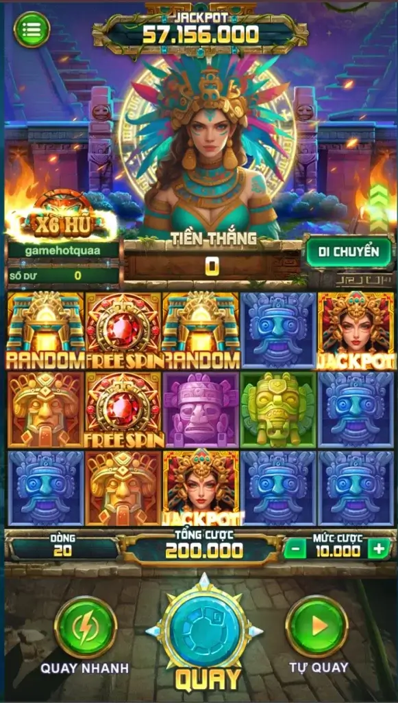 Giao diện chính game slot đổi thưởng Fortune Of Aztec tại LC79 với biểu tượng Jackpot, Free Spin và Random