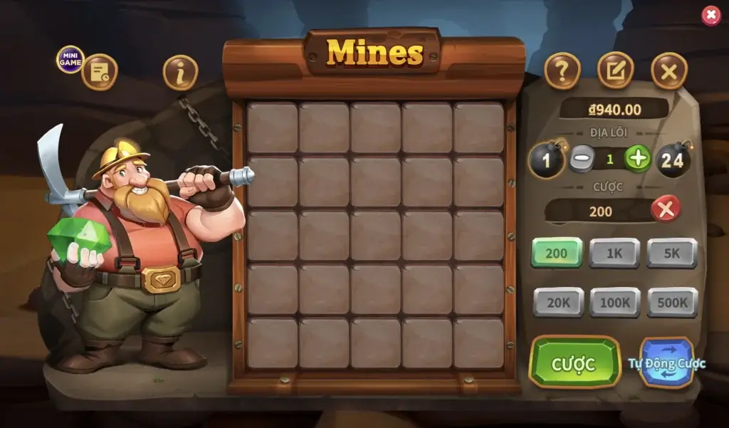 Hướng dẫn chơi Mines JJ LC79: giao diện bàn 5x5, chọn số địa lôi, mức cược và nút Tự động cược.